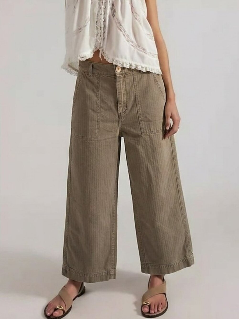 Free People 100% Cotton High Waist Wide Leg Cropped Khaki Chinos Size 6